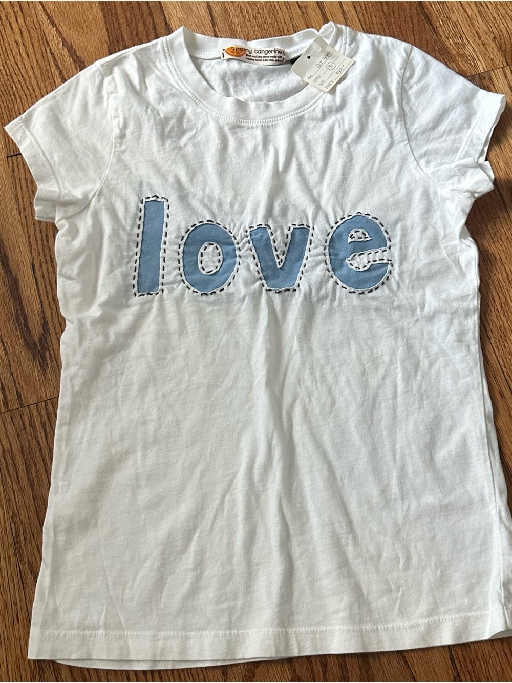 Tangerine White Tee with Light Blue 'love' Applique